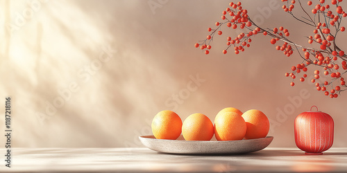 elegant chinese new year table, simple decor with lantern and oranges
