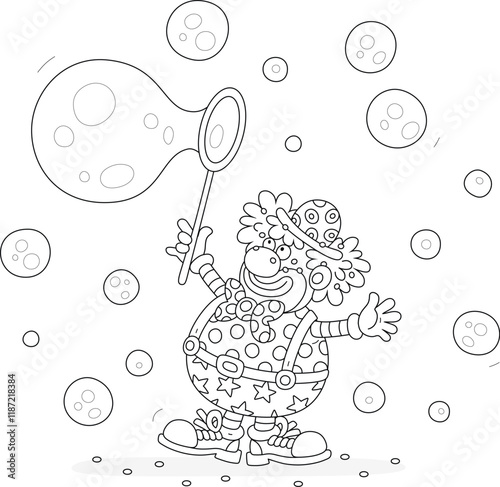 Funny cartoony circus clown blowing soap bubbles and showing tricks, black and white vector cartoon illustration for a coloring book