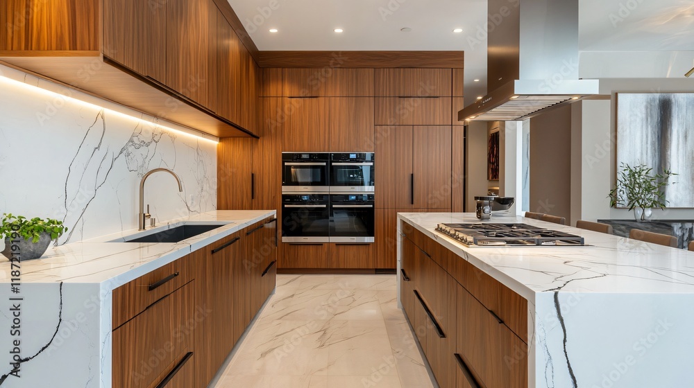 Fototapeta premium Compact yet functional kitchen with white cabinets, granite countertops, and modern appliances, copy space