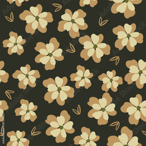 Beige flowers on a green background seamless pattern. Endless fabric print with delicate colors.