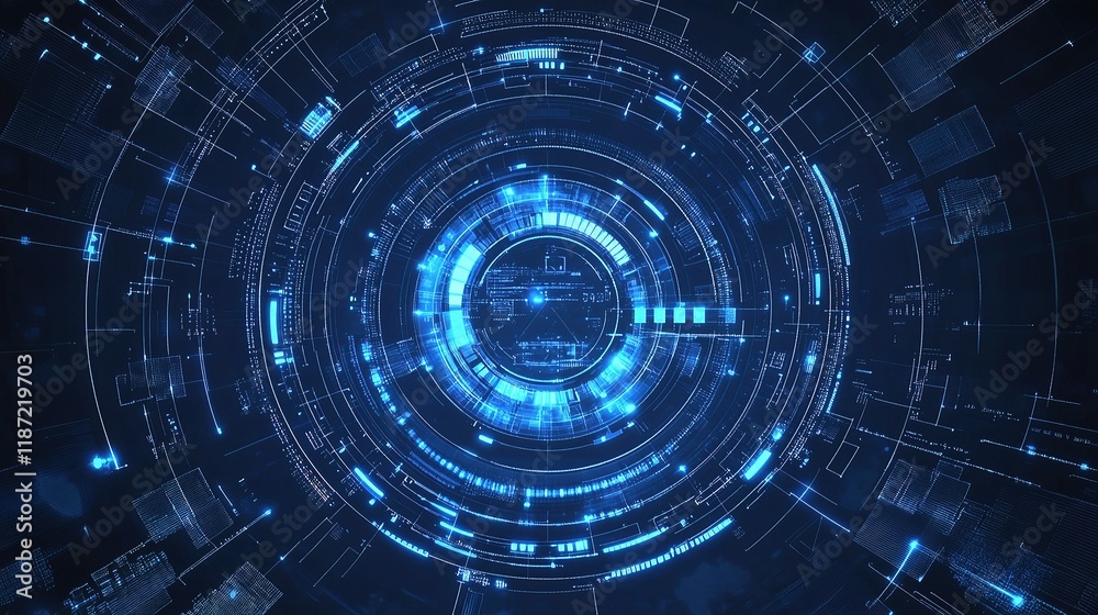 Obraz premium Futuristic Abstract Design with Blue Halftone Circles and Lines