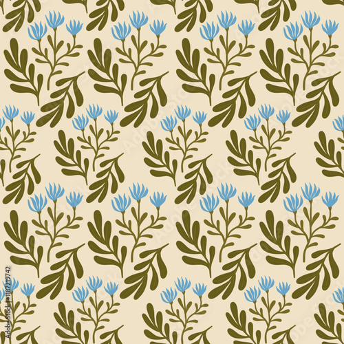 calm floral pattern for the fabric. small blue flowers with leaves. summer blooming meadow seamless pattern