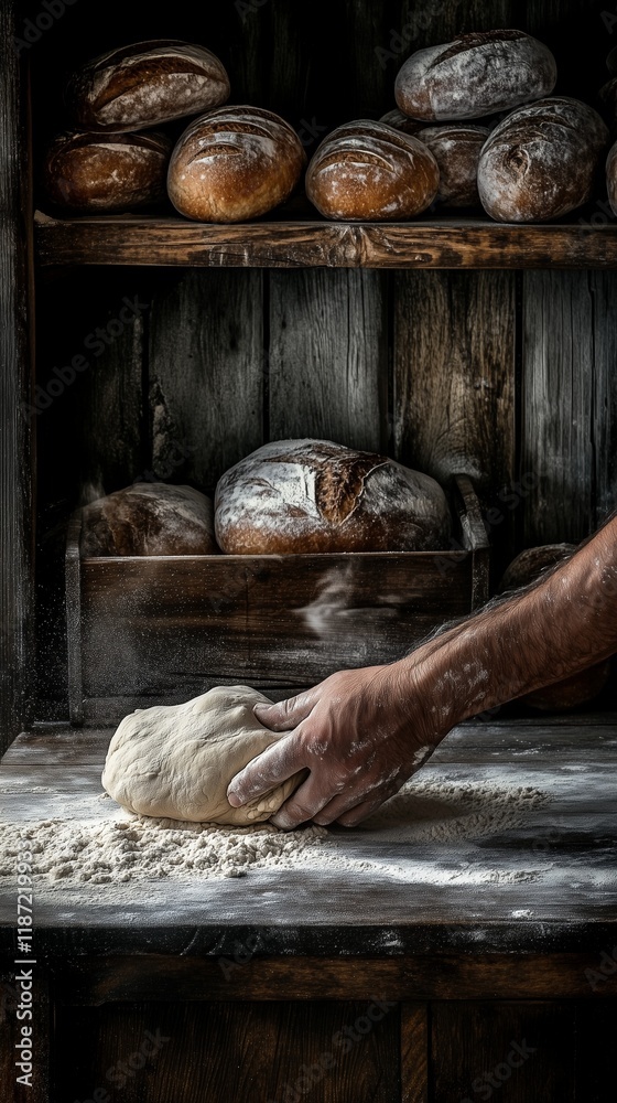Obraz premium Master Baker Skillfully Kneading Fresh Bread Dough