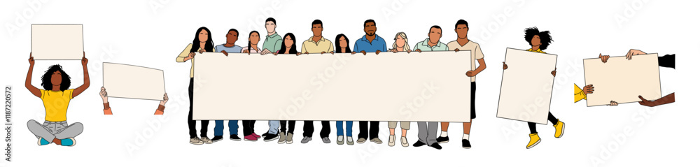 Set of different people holding blank placard, banner for message, announcement. Advertising, marketing concept. Outline colored vector drawing isolated on transparent background