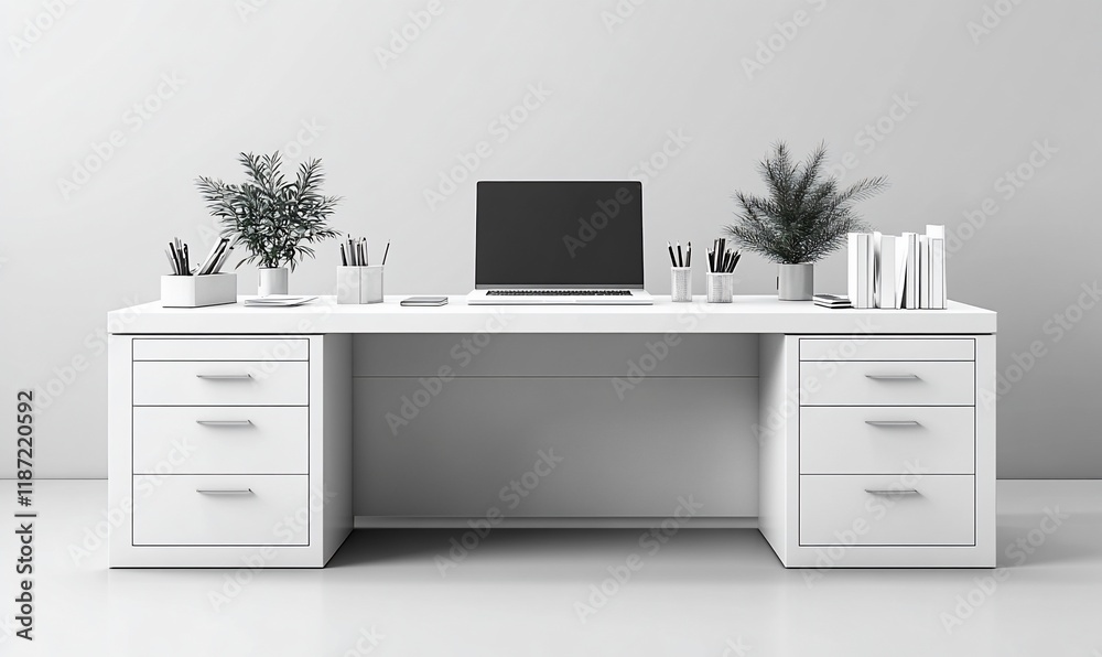 Minimalist white office desk setup, workspace Minimalist white office desk setup, workspace
