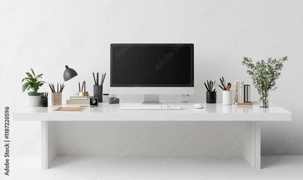 Fototapeta premium Minimalist white desk workspace; computer, plants. Background blank wall. Use website design