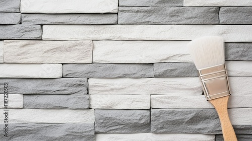 A paintbrush smoothly applies white paint on a textured artificial brick wall, creating a clean and polished look with room for creativity