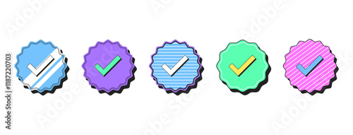 Isolated retro Verified badge icon set, vector stickers. Blue tick checkmark tag, verified user, certified and original account. Outline Verification marks with pattern. Retro design, PNG, transparent