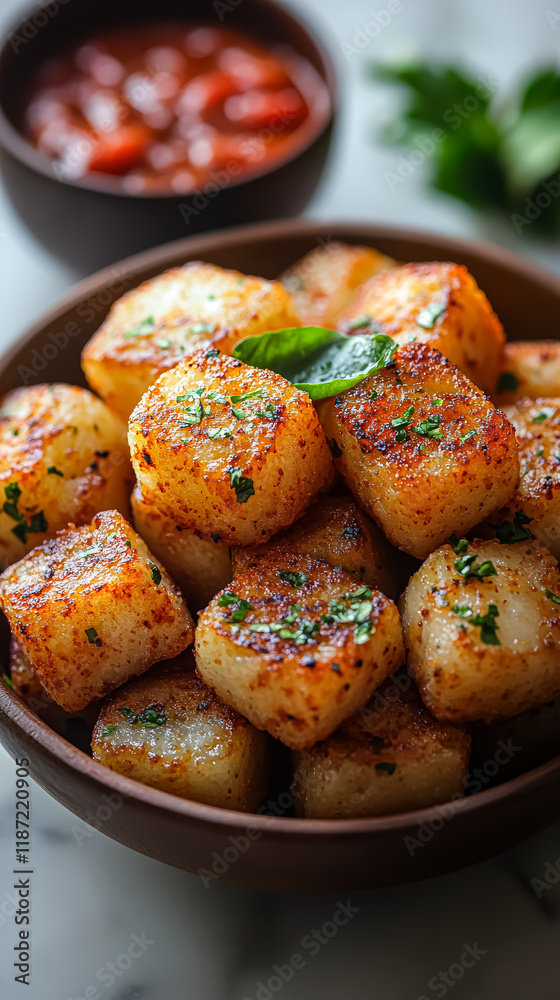 Bowl of food with a red sauce and lime slices. The food is small cubes and he is seasoned Bowl of food with a red sauce and lime slices. The food is small cubes and he is seasoned