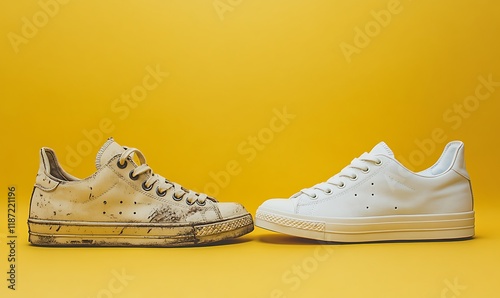 Side by Side, Old dirty sneakers next to new white sneakers on a bright yellow background