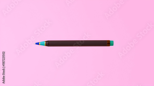 Creative color pen flying in levitation on a pink background, symbolizing back to school education. This image highlights the vibrant colors of a pen in a school themed setting. photo