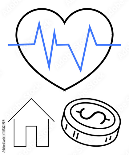 Heart with blue EKG line, house outline, and dollar coin. Ideal for healthcare, finance, real estate, insurance, wellness family planning and investment themes. Line metaphor