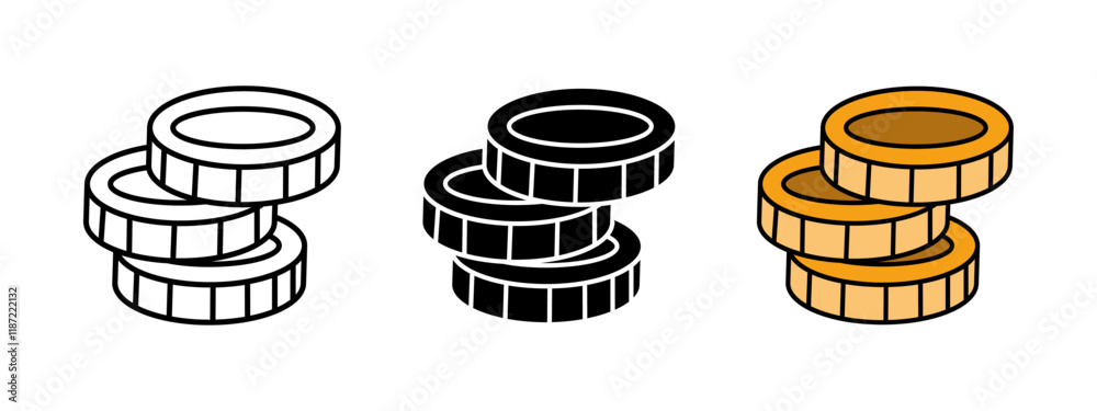 Coin stack icon. Money cent change vector illustration. Gold coins pile symbol. Cash economy and saving sign. Banking and investment dividends pictogram. Golden treasure coins isolated concept. Coin stack icon. Money cent change vector illustration. Gold coins pile symbol. Cash economy and saving sign. Banking and investment dividends pictogram. Golden treasure coins isolated concept.
