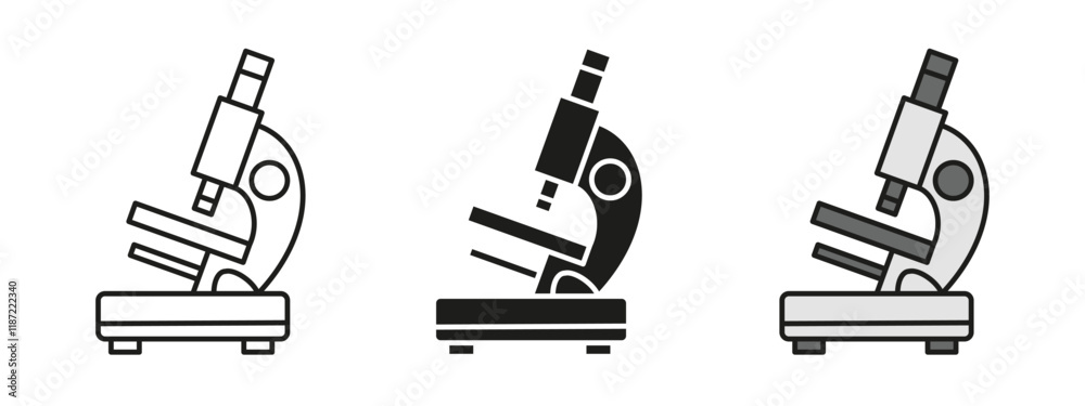 Microscope icon. Laboratory research symbol. Biology or microbiology sign. Chemistry experiment micro scope equipment vector illustration. Magnification lens scientific study pictogram. Virus research