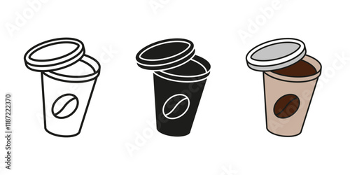 Coffee cup icon. Hot drink paper cup with plastic lid coffee bean vector illustration. Hot beverage disposable cup symbol. Espresso sign. Cappuccino, americano or latte pictogram. Take away coffee.
