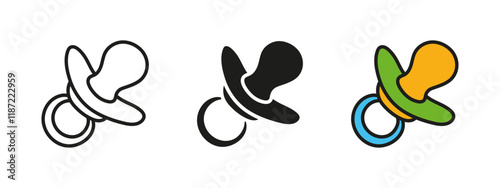 Baby pacifier icon. Newborn dummy vector illustration. Infant comforter symbol. Toddler silicon sucker sign. Rubber nipple for little children. Kindergarten and childhood concept isolated.