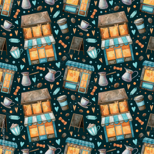 Seamless pattern with hand-drawn watercolor Cafe illustrations. Texture for wrapping paper, fabric, decor. Dark background.