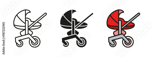 Baby carriage icon. Baby stroller vector illustration. Cradle or buggy symbol. Childbirth, motherhood and parenting sign. New family pictogram. Newborn red pushchair carriage isolated concept.