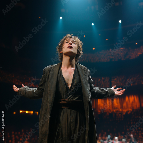 a young man, a dramatic actor, plays a play on the theater stage, in the spotlight