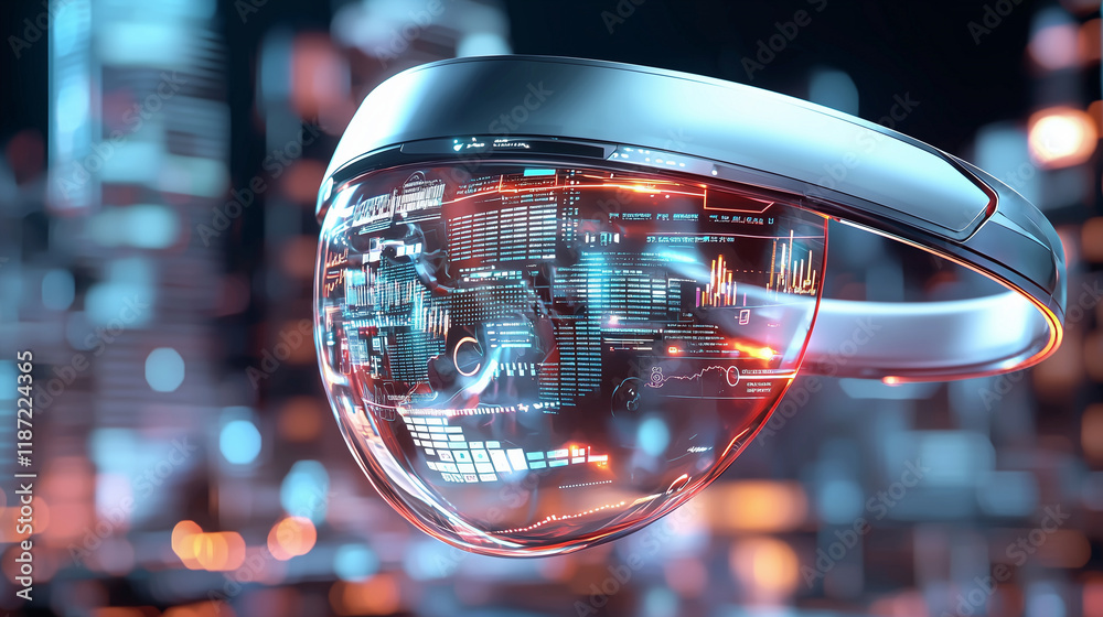 Futuristic Smart Headset with Virtual Interface Elements and Cityscape Futuristic Smart Headset with Virtual Interface Elements and Cityscape