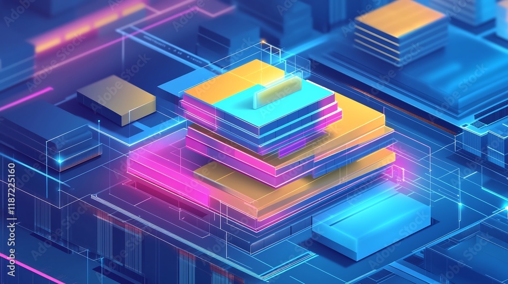 Infographic of inventory management emphasizing dynamic layers geometric forms stock optimization Infographic of inventory management emphasizing dynamic layers geometric forms stock optimization
