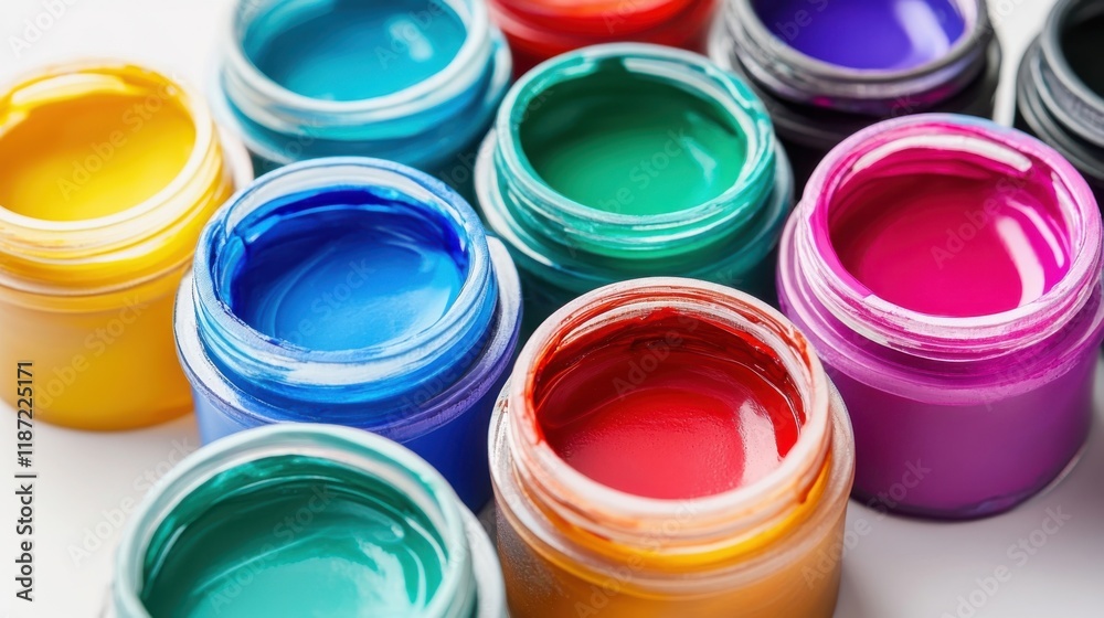 Vibrant array of paint jars showcasing a variety of colors ready for creative projects and artistic expression Vibrant array of paint jars showcasing a variety of colors ready for creative projects and artistic expression