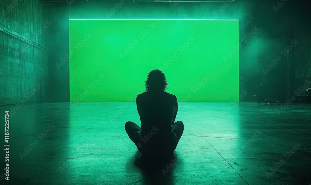 Obraz premium Silhouette seated before large green screen.