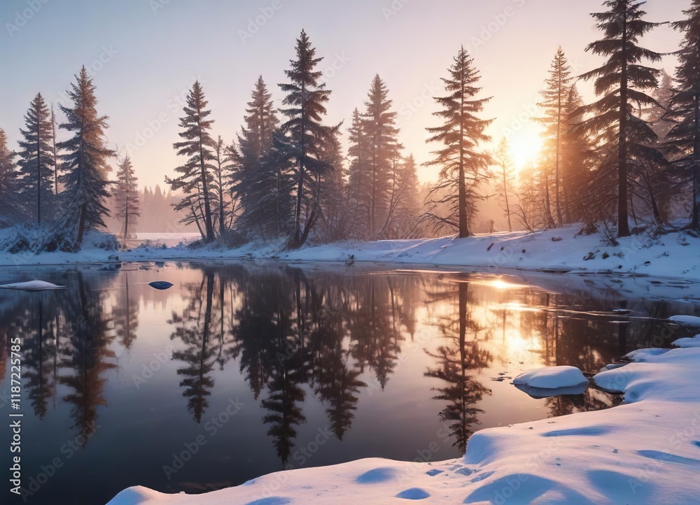 Fototapeta premium Snow-covered trees on icy lake at winter sunrise, peaceful morning, winter beauty, cold weather