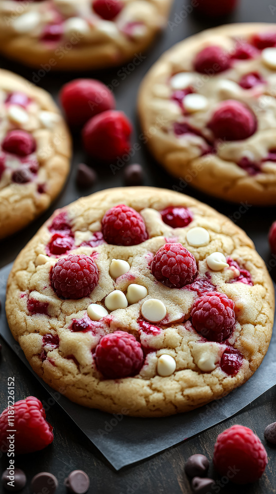 Close up of a cookie with raspberries on top. The cookie is sitting on a piece of wax paper Close up of a cookie with raspberries on top. The cookie is sitting on a piece of wax paper