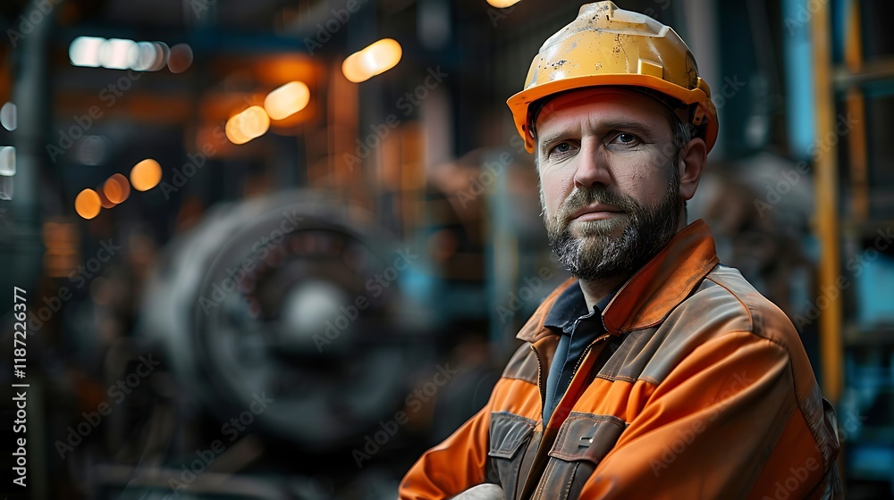 Portrait of a heavy equipment male engineer from a huge industry who came to inspect the metal sheet factory's machinery. Portrait of a heavy equipment male engineer from a huge industry who came to inspect the metal sheet factory's machinery.