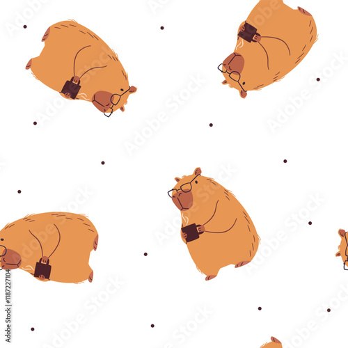 Seamless vector pattern in a simple childish style. Cute capybara in office glasses holding a cup of coffee on white background . Vector illustration