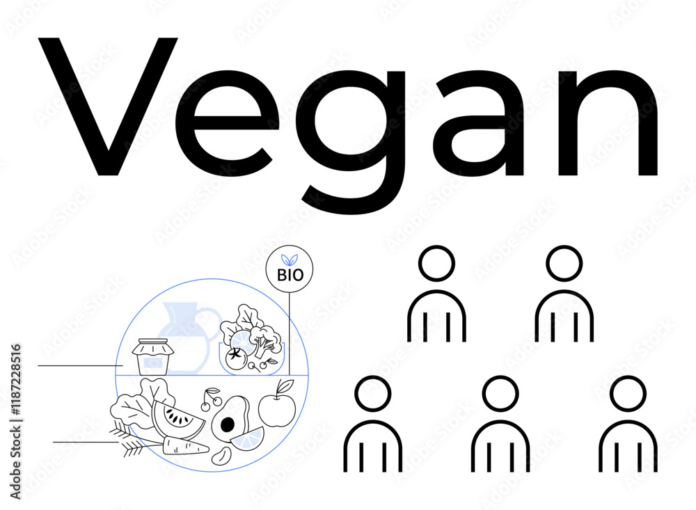 Vegan concept with organic food icons including fruits, vegetables, and milk alternatives. Minimalist design with six abstract human figures. Ideal for healthy living, sustainability, diet Vegan concept with organic food icons including fruits, vegetables, and milk alternatives. Minimalist design with six abstract human figures. Ideal for healthy living, sustainability, diet