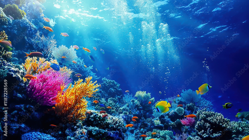 Naklejka premium A marine biologist dives underwater with scuba gear, studying vibrant coral reefs and marine life. Colorful fish and various sea creatures can be seen swimming among the corals. 