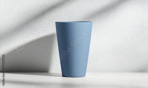 Gray-blue cup on white surface, shadows, studio shot.  Possible use product display, mockup photo