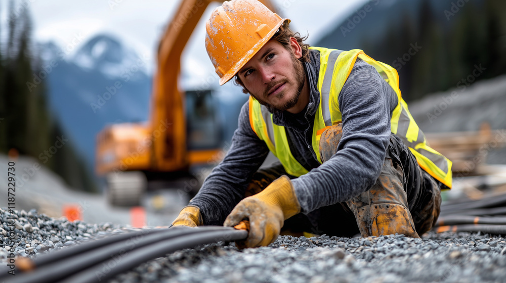 Industrial Worker Handling Cables on Construction Site Industrial Worker Handling Cables on Construction Site