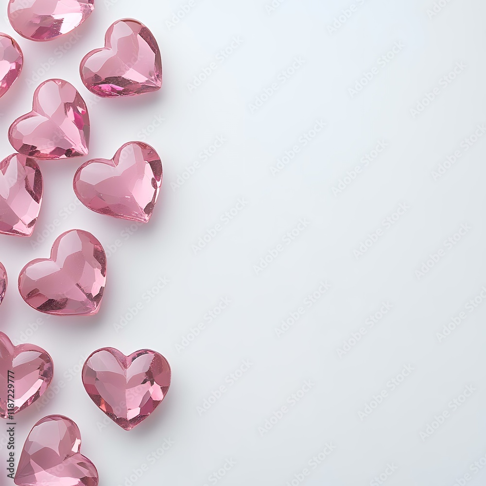 Fototapeta premium Pink glass hearts scattered on white background, copy space, Valentine's Day card design
