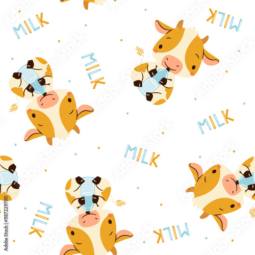 Seamless vector pattern in a simple childish style. Cute calf drinking milk from a bottle and milk caption on white background. Vector illustration