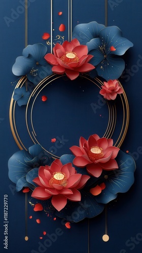 Mid Autumn Festival celebration banner featuring traditional floral design on blue background