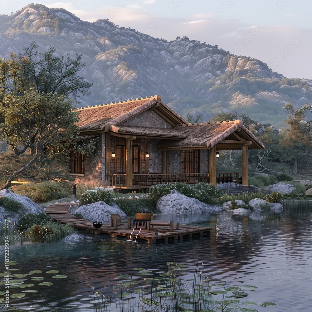 Naklejka premium Serene mountain lake house with wooden dock.