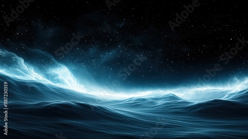 Glowing alien landscape under starry night sky.