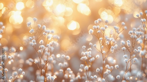 Soft glowing light dots blending gently with fresh flower petals, forming a soft and airy design, book illustration style