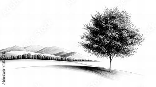 Solitary tree stands tall against a serene landscape of rolling hills under a clear sky. A black and white pencil sketch.