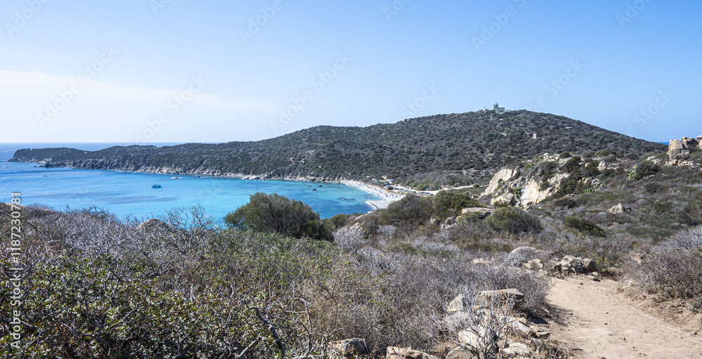 Aerial view of the beautiful beach of Cala Carbonara in Villasimius in Sardinia