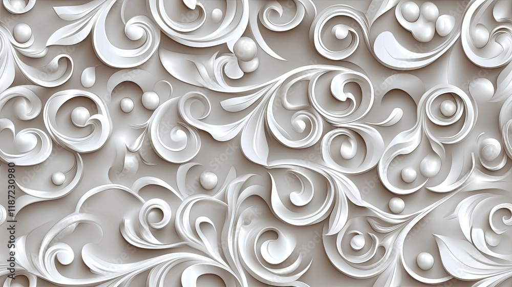 This seamless pattern has a grey background with white swirls, dots, and floral motifs, creating an elegant design SEAMLESS PATTERN This seamless pattern has a grey background with white swirls, dots, and floral motifs, creating an elegant design SEAMLESS PATTERN