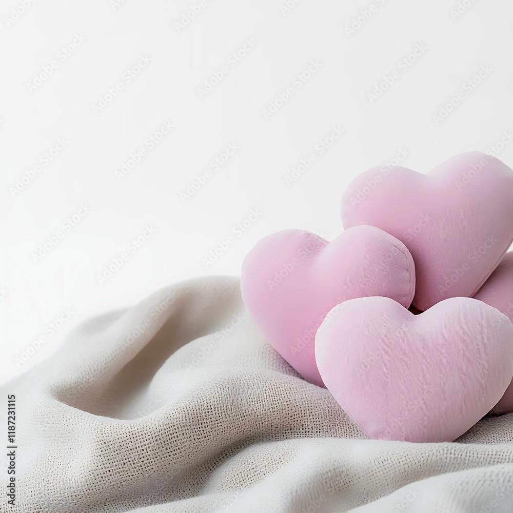 Fototapeta premium Pink heart pillows on beige fabric against white background; Valentine's Day card design