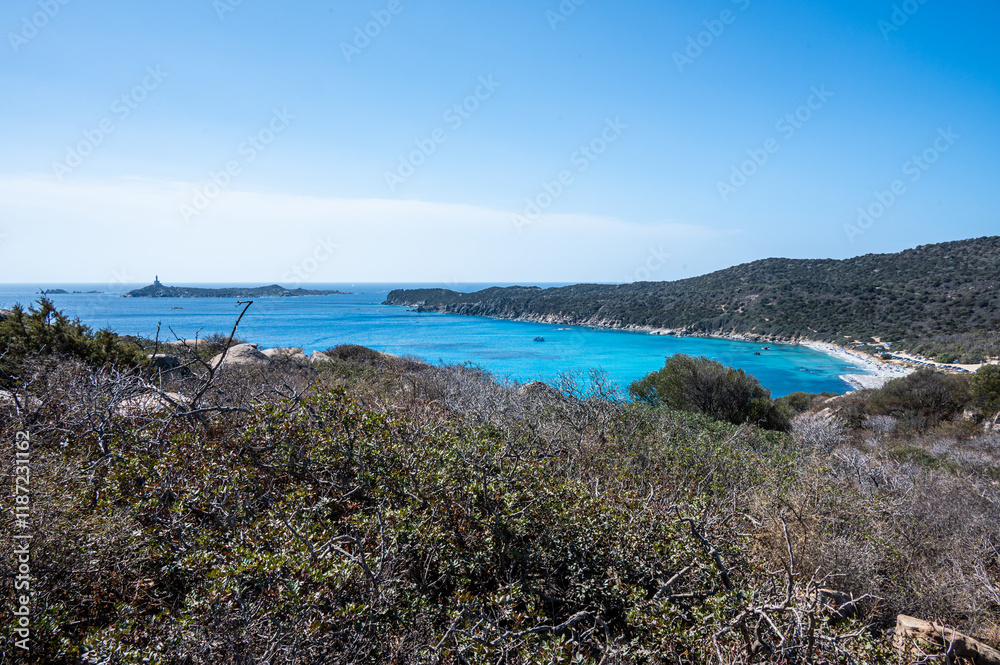Aerial view of the beautiful beach of Cala Carbonara in Villasimius in Sardinia