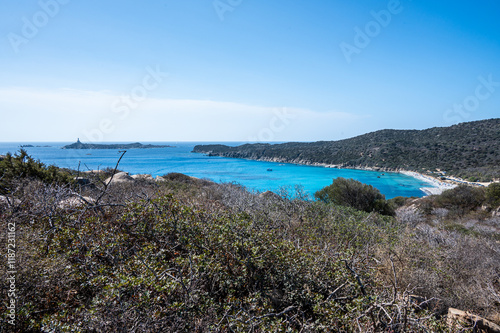 Obraz na płótnie Aerial view of the beautiful beach of Cala Carbonara in Villasimius in Sardinia w salonie