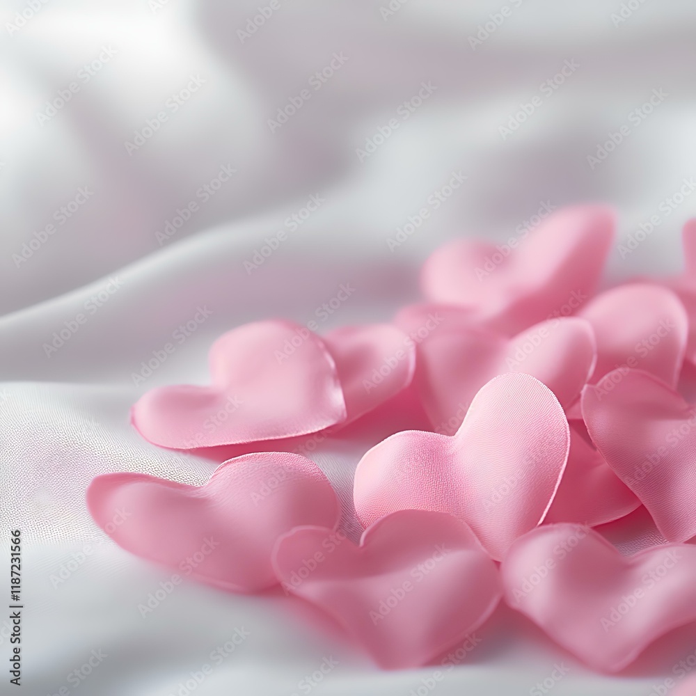 Fototapeta premium Pink hearts scattered on white silk fabric, soft focus background, Valentine's Day romance
