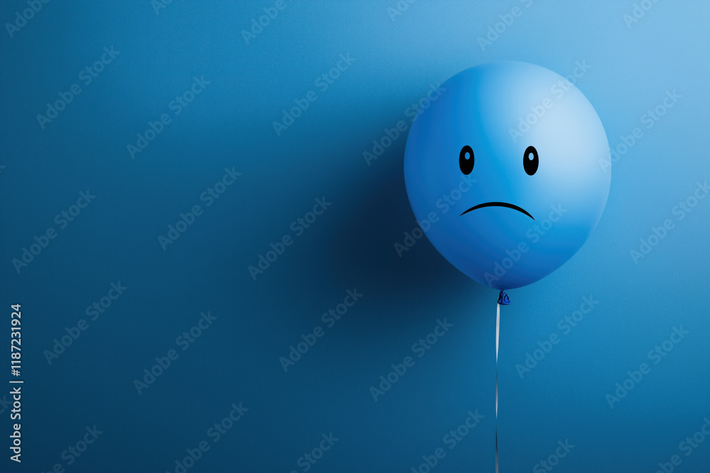 Blue Sad Balloon on Monochromatic Background. Conceptual Mental Health and Depression Representation with Minimalist Emotional Expression - Blue Monday Concept
