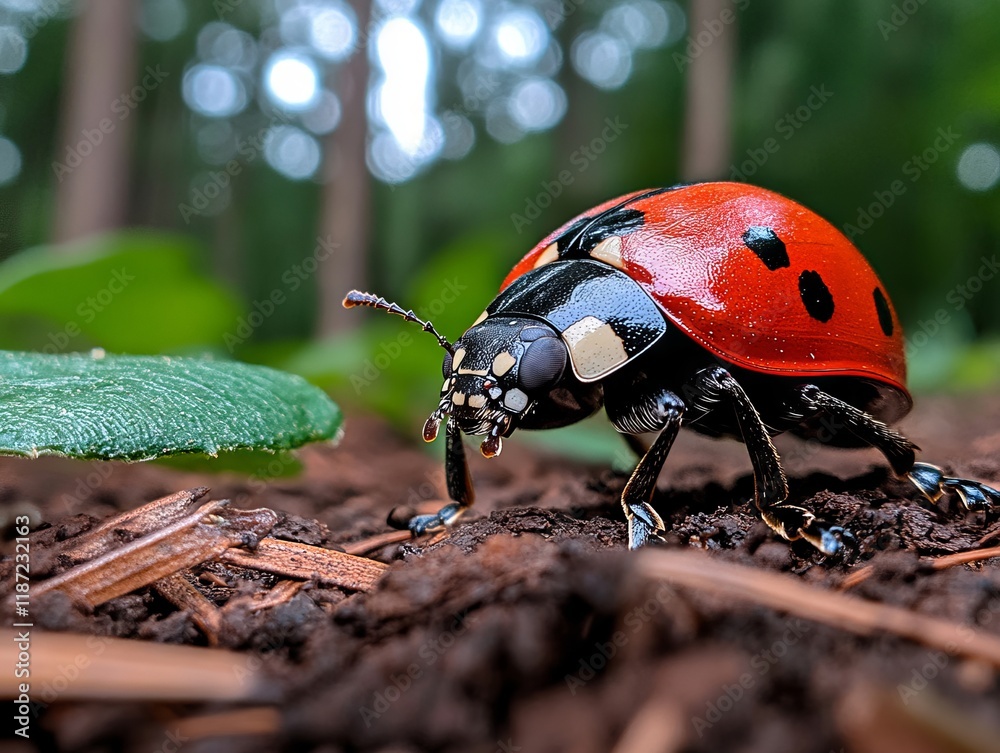 Obraz premium A red and black ladybug crawling on the ground in the woods